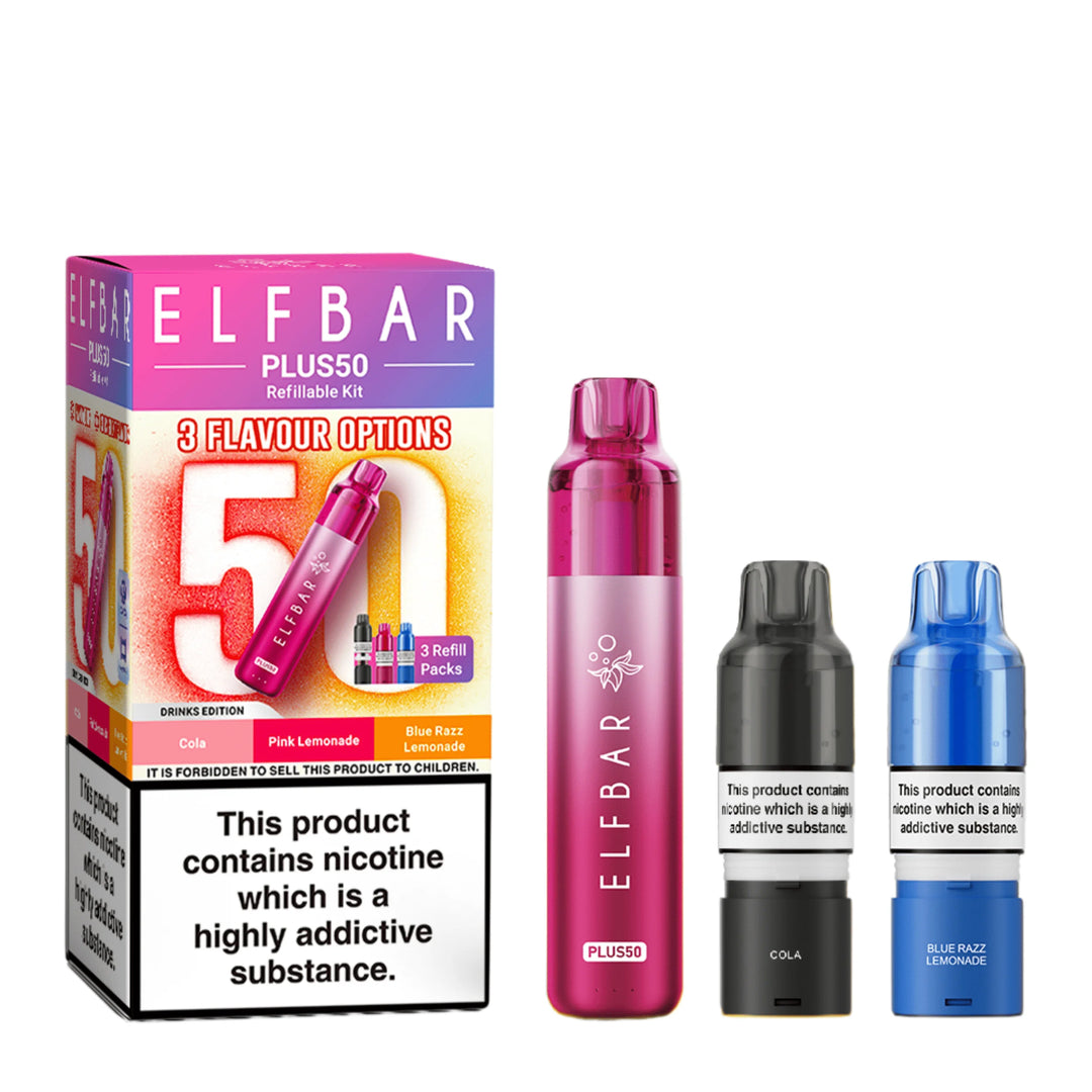Elf Bar Plus 50 Prefilled Pod Kit in Drinks Edition – rechargeable pod vape kit with 800mAh built-in battery and prefilled flavour pods for convenient vaping