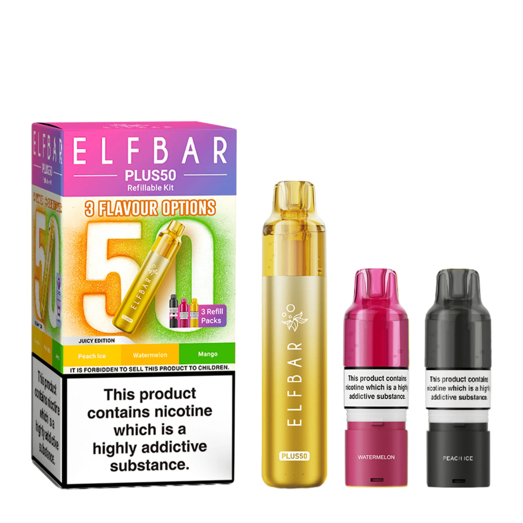 Elf Bar Plus 50 Prefilled Pod Kit in Juicy Edition – rechargeable pod vape kit with 800mAh built-in battery and prefilled flavour pods for convenient vaping