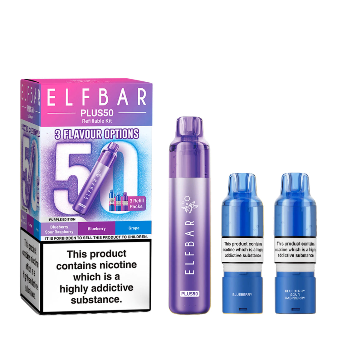 Elf Bar Plus 50 Prefilled Pod Kit in Purple Edition – rechargeable pod vape kit with 800mAh built-in battery and prefilled flavour pods for convenient vaping
