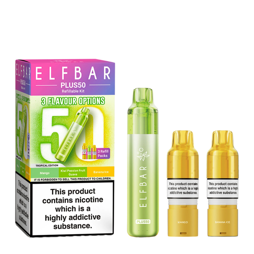 Elf Bar Plus 50 Prefilled Pod Kit in Tropical Edition – rechargeable pod vape kit with 800mAh built-in battery and prefilled flavour pods for convenient vaping