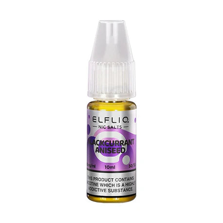 A bottle of ELFBAR ElfLiq Nic Salts e-liquid in Blackcurrant Aniseed flavor, with a label indicating 10ml volume, 20mg nicotine strength, and other product details.