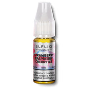 A bottle of ELFBAR ElfLiq Nic Salts e-liquid in Strawberry Raspberry Cherry Ice flavor, 10ml size, with nicotine strength indicators.
