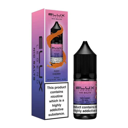 A product image showing a pack of Elux Legend Nic Salt E-Liquid in a 10ml bottle with a fizzy cherry flavor, alongside its packaging which indicates nicotine strength options of 10mg and 20mg.
