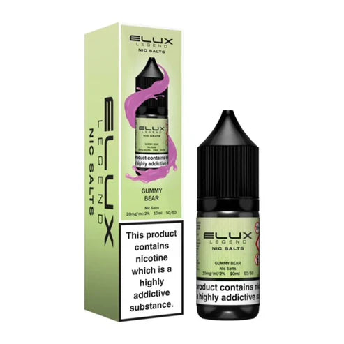 Packaging for Elux Legend Nic Salt E-Liquid featuring a gummy bear flavor. The box is green with product information, and a single 10ml bottle with a black cap is displayed in front of the box.