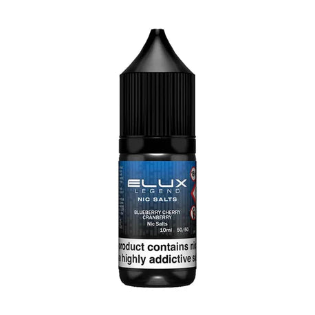 A product image showing a pack of Elux Legend Nic Salt E-Liquid in Blueberry Cherry Cranberry flavor, along with a single bottle, both featuring a nicotine warning label.