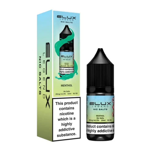 A product image showing a box and a bottle of Elux Legend Nic Salt E-Liquid with menthol flavor, highlighting the nicotine content and product name.