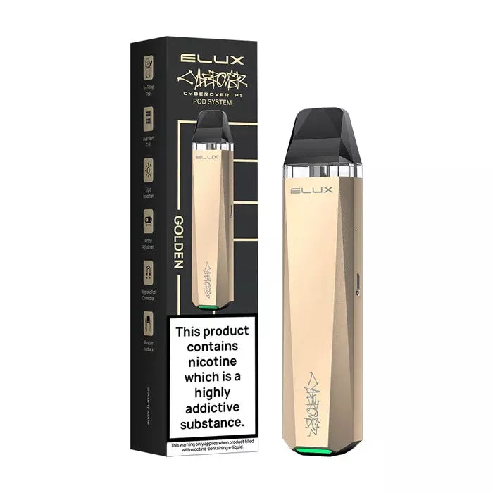 Elux Cyberover P1 refillable vape kit in Golden, featuring a modern sleek design with refillable pods, adjustable airflow, rechargeable USB-C battery, and durable construction for a customizable vaping experience