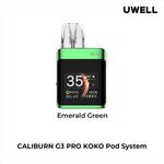 Load image into Gallery viewer, Uwell Caliburn G3 Pro Koko Pod Vape Kit in Emerald Green – compact square-shaped vape device with a sleek dark finish, OLED display, and customizable vaping features.

