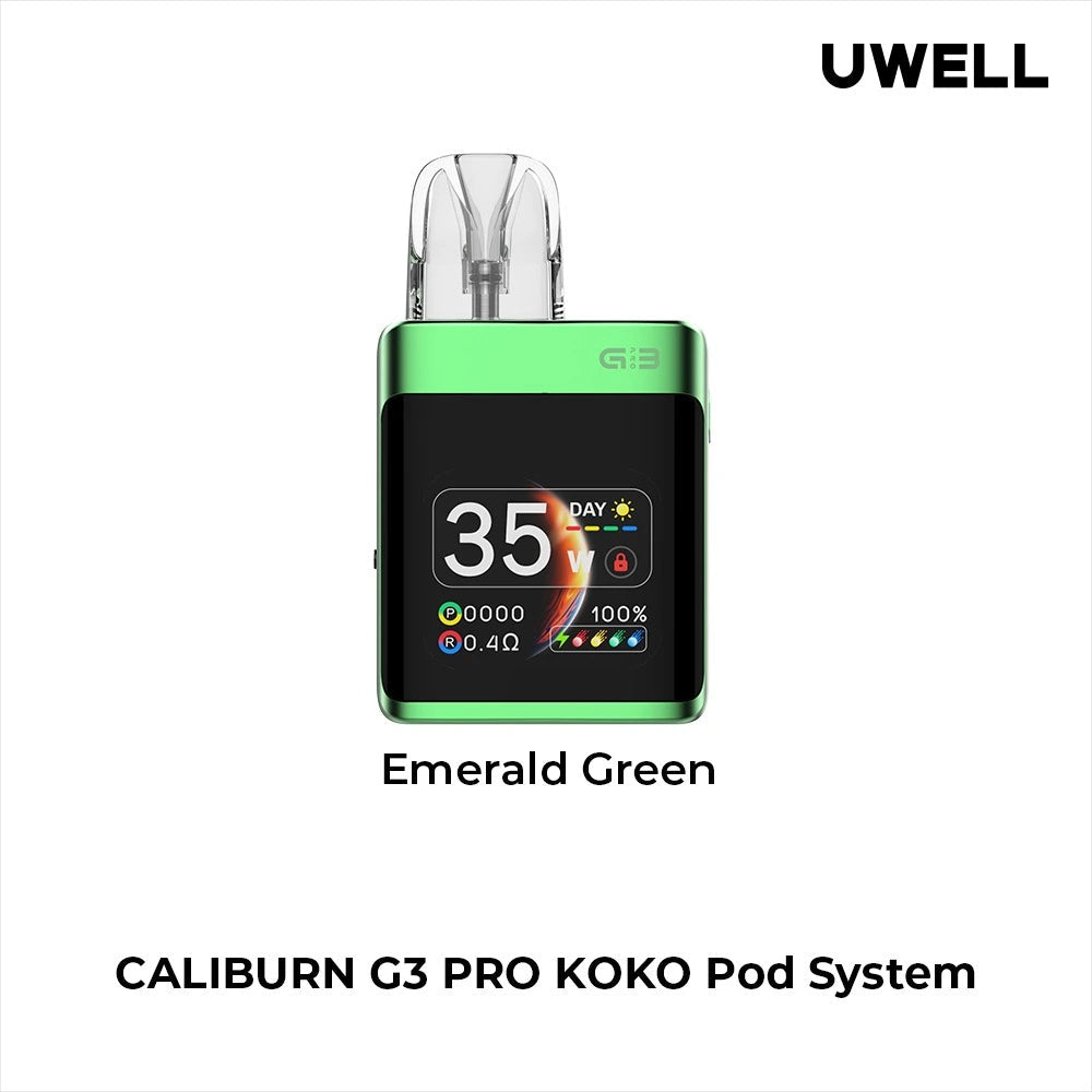 Uwell Caliburn G3 Pro Koko Pod Vape Kit in Emerald Green – compact square-shaped vape device with a sleek dark finish, OLED display, and customizable vaping features.