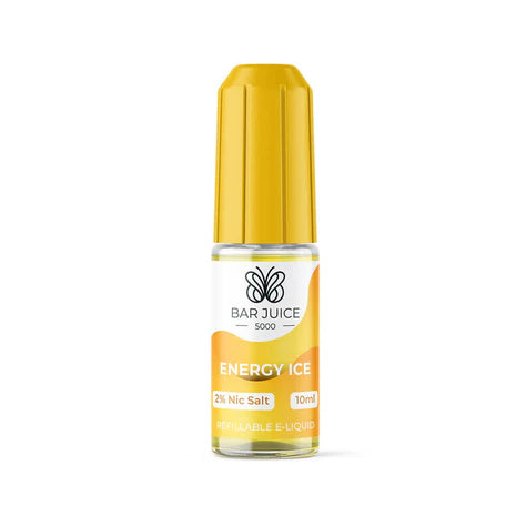 Packaging of Bar Juice 5000 Nic Salt E-Liquid featuring a yellow and white color scheme with a bottle of e-liquid labeled 'Energy Ice'.