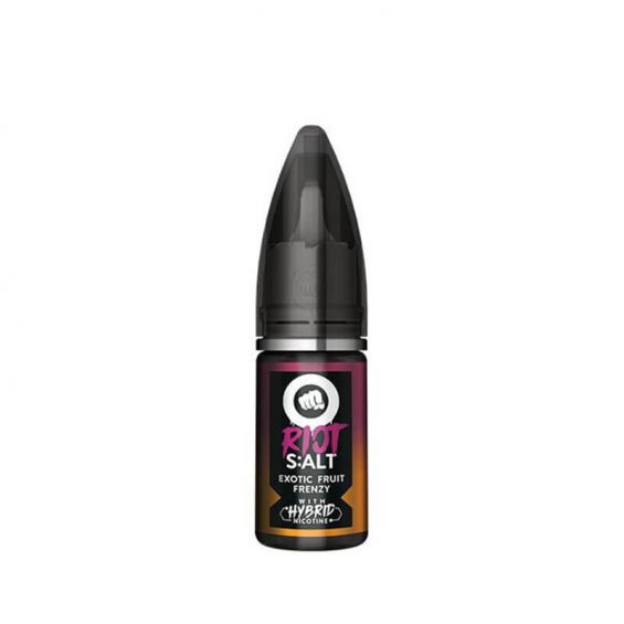 Bottle of Exotic Fruit Frenzy Riot Squad Punx Nic Salts featuring vibrant multi-colored packaging in hues of purple, orange, pink, and yellow, with dynamic illustrations of exotic fruits like mango, dragon fruit, passion fruit, and papaya, bold ‘Punx’ branding, designed for nicotine salt vape devices.