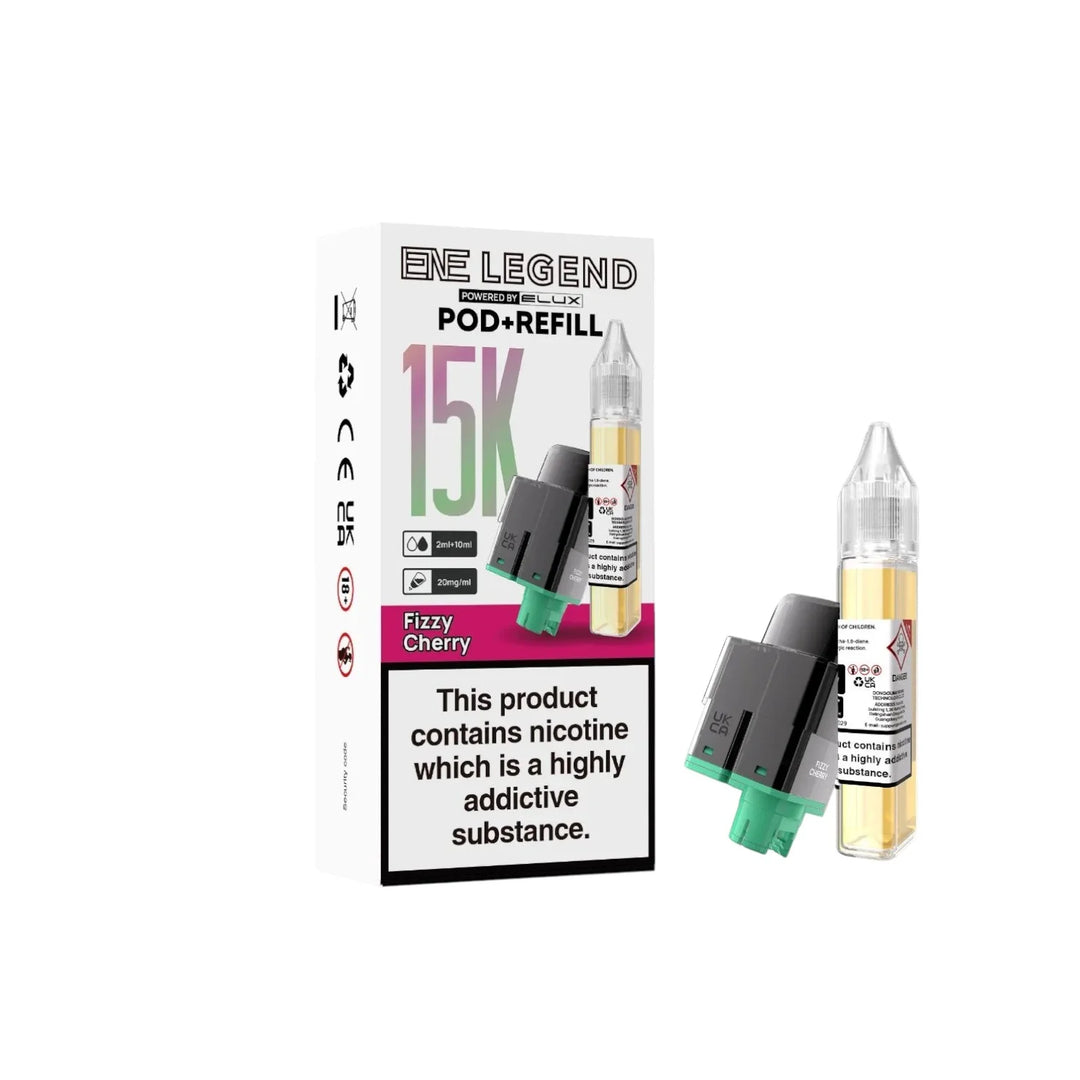 Elux ENE Legend 15K Prefilled Pods in Fizzy Cherry – replacement prefilled pods with 2ml e-liquid capacity.