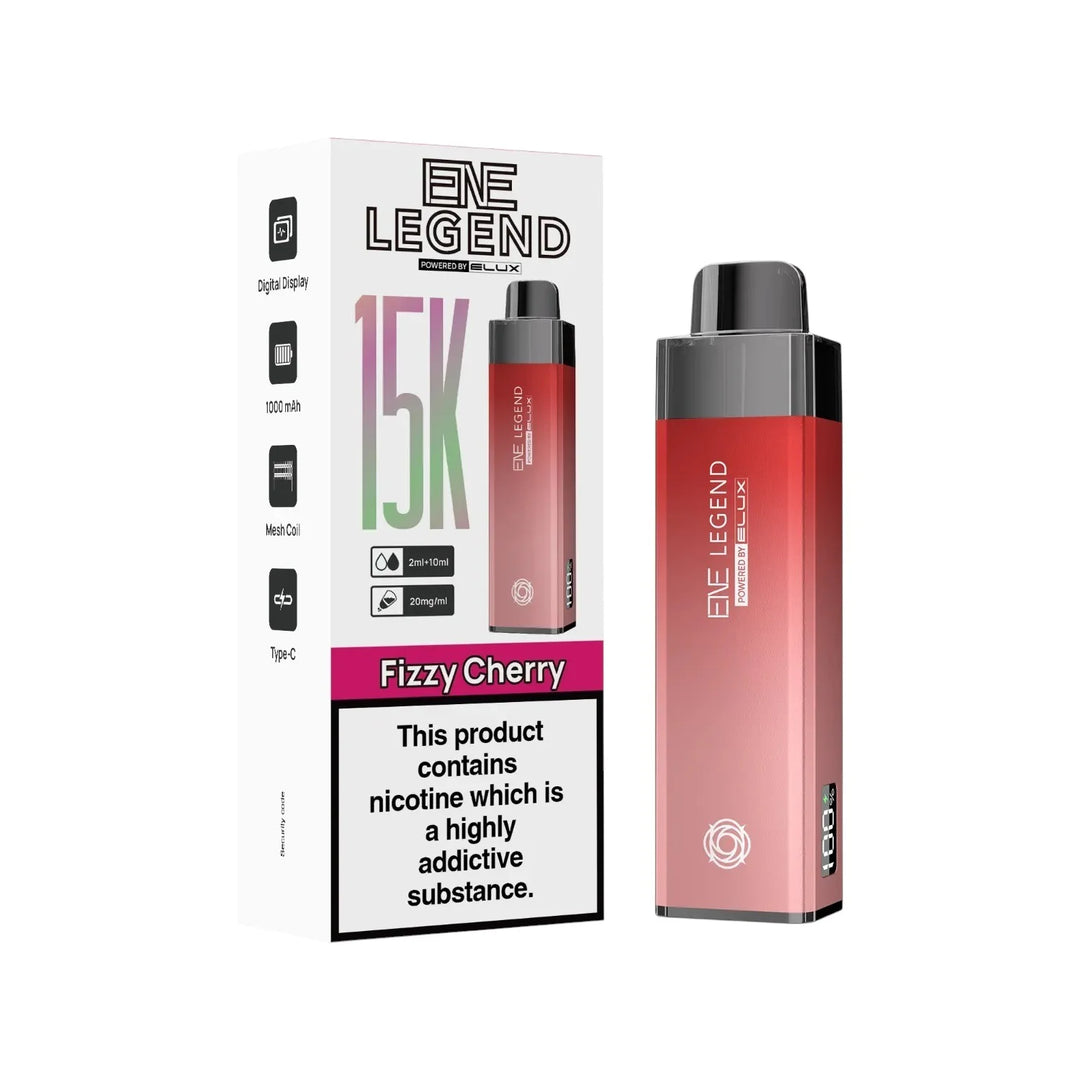 Elux ENE Legend 15K Prefilled Pod Kit in Fizzy Cherry – rechargeable pod vape kit with 1000mAh built-in battery.