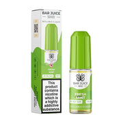 The image shows a bottle of Bar Juice 5000 e-liquid with a green label, next to its packaging box which has branding and nicotine warning labels.