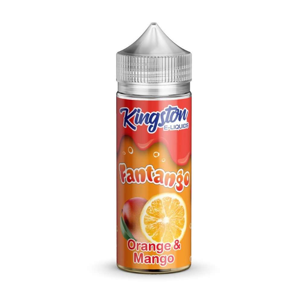 A 100ml bottle of Kingston brand Fantango Orange Mango nicotine-free vape juice. The bottle is childproof and has a label featuring images of oranges and mangoes.