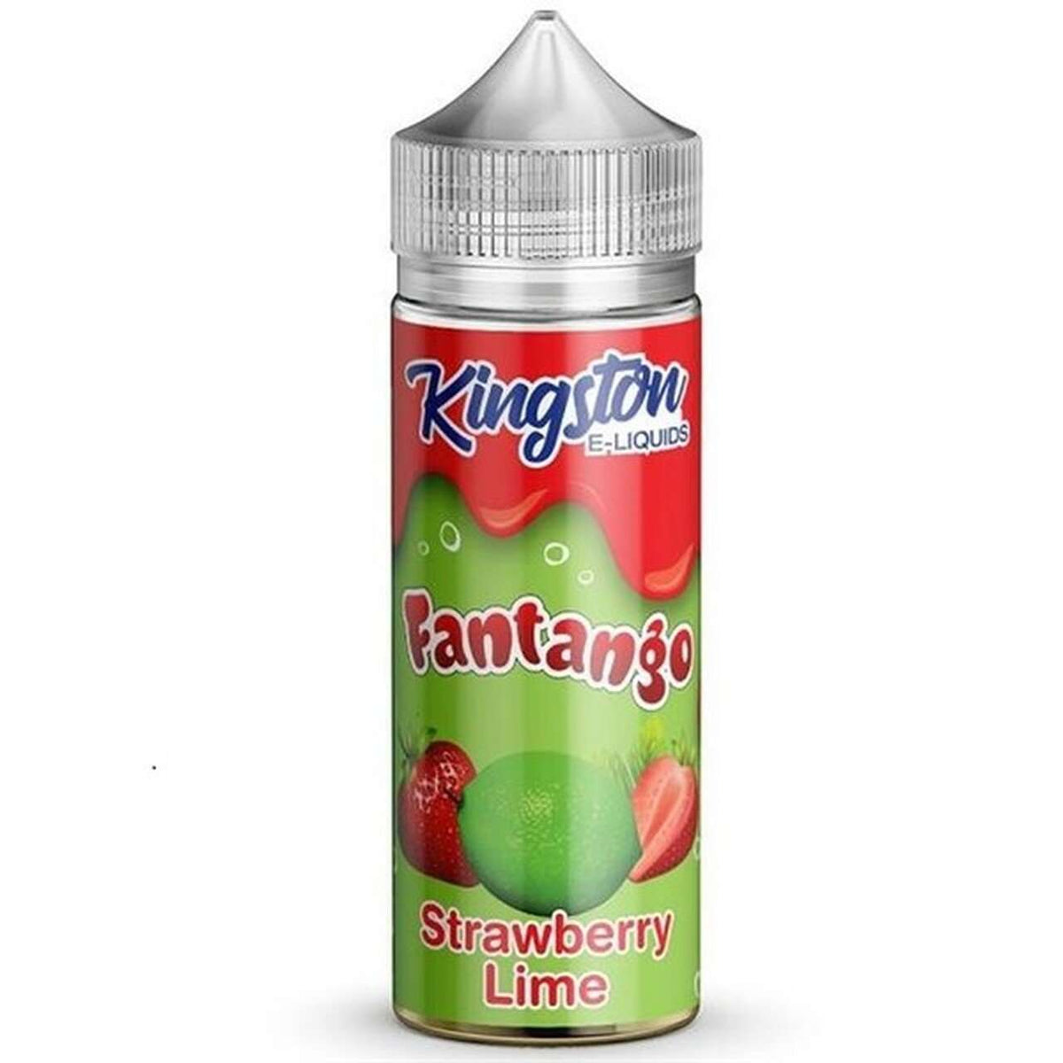 A 100ml bottle of Kingston Liquids Fantango Strawberry Lime e-liquid with a green label and strawberry images.