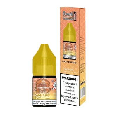 A 10ml bottle of Fizzy Cherry R&M Nic Salt E Liquid next to its packaging box, which contains warning and product information.