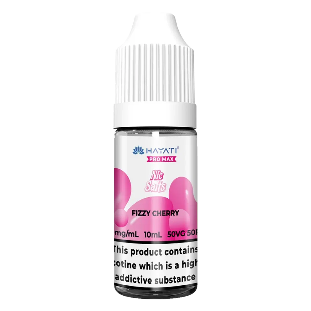 Hayati Pro Max Nic Salt Vape E-Liquid 10ml in Fizzy Cherry Flavor, offering a smooth and satisfying vaping experience with convenient 10ml bottle packaging.