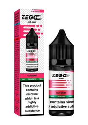 Bottle of Fizzy Cherry Zego Nic Salt e-liquid featuring vibrant red and bubbly fuchsia packaging with stylized cherry cartoon graphics and fizzy soda bubble motifs, with prominent ‘Fizzy Cherry’ flavor labeling and nicotine strength options (e.g. 10 mg or 20 mg), designed for 50/50 VG/PG nicotine salt vape devices.