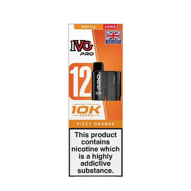 IVG Pro 12 prefilled vape pods in Fizzy Orange flavor, offering a refreshing mint taste with a convenient disposable design