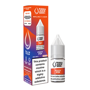 Packaging for Pukka Juice 5000+ Nic Salt E-Liquid featuring two small glass bottles with dropper caps, one labeled 'Fizzy Pop' and the other with a generic image. The box is orange with text detailing product information.