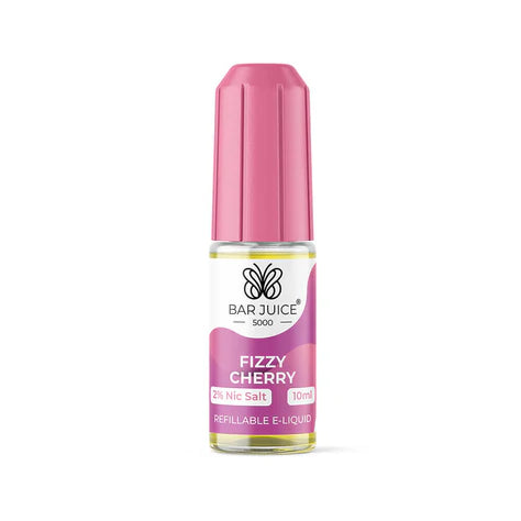 A product image showing a box and a bottle of Bar Juice 5000 Nic Salt Vape juice, with the flavor being Fizzy Cherry. The box is pink and white, and the bottle is clear with a pink label.