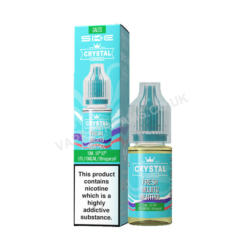 A product image showing a 10ml bottle of SKE Crystal Fresh Menthol Mojito e-liquid, with packaging that indicates a nicotine strength of 10mg/20mg and a VE.Direct.