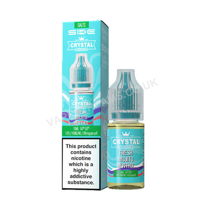 A product image showing a 10ml bottle of SKE Crystal Fresh Menthol Mojito e-liquid, with packaging that indicates a nicotine strength of 10mg/20mg and a VE.Direct.