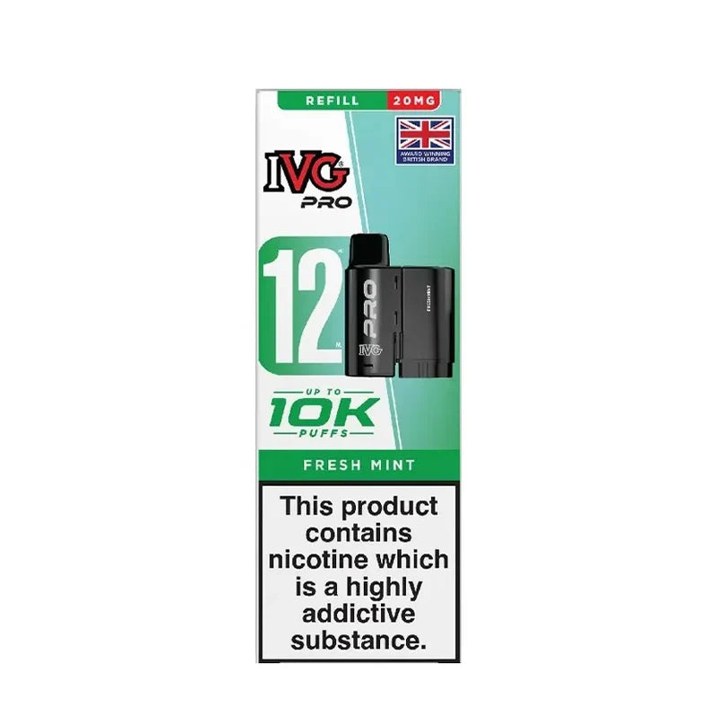 IVG Pro 12 prefilled vape pods in Fresh Mint flavor, offering a refreshing mint taste with a convenient disposable design
