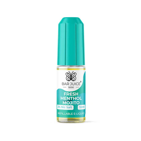10ml bottle of Bar Juice 5000 Nic Salt E-Liquid in Fresh Menthol Mojito flavor, blending zesty lime, cool mint, and a hint of sweetness for a refreshing vape; smooth nic salt formula ideal for pod systems and MTL vaping.