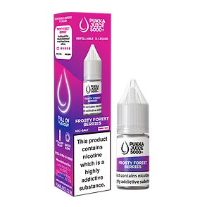 A bottle of Pukka Juice 5000+ Nic Salt E-Liquid with a child-resistant cap, alongside its packaging that indicates the product contains nicotine.