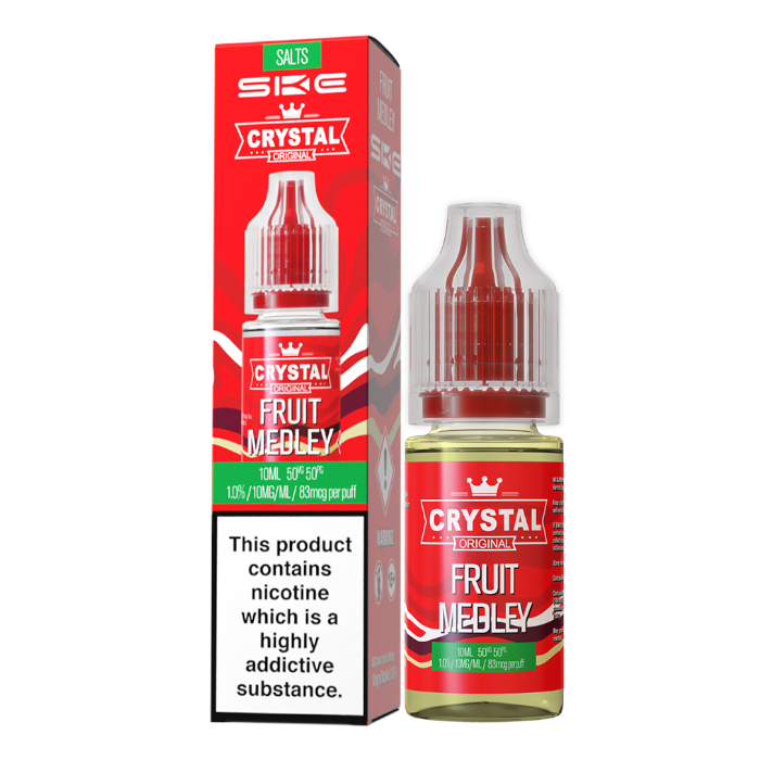 A product image showing a 10ml bottle of SKE Crystal Fruit Medley e-liquid with a red and white label, indicating a nicotine content of up to 20mg and a VG/PG ratio of 50/50.