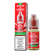 A product image showing a 10ml bottle of SKE Crystal Fruit Medley e-liquid with a red and white label, indicating a nicotine content of up to 20mg and a VG/PG ratio of 50/50.