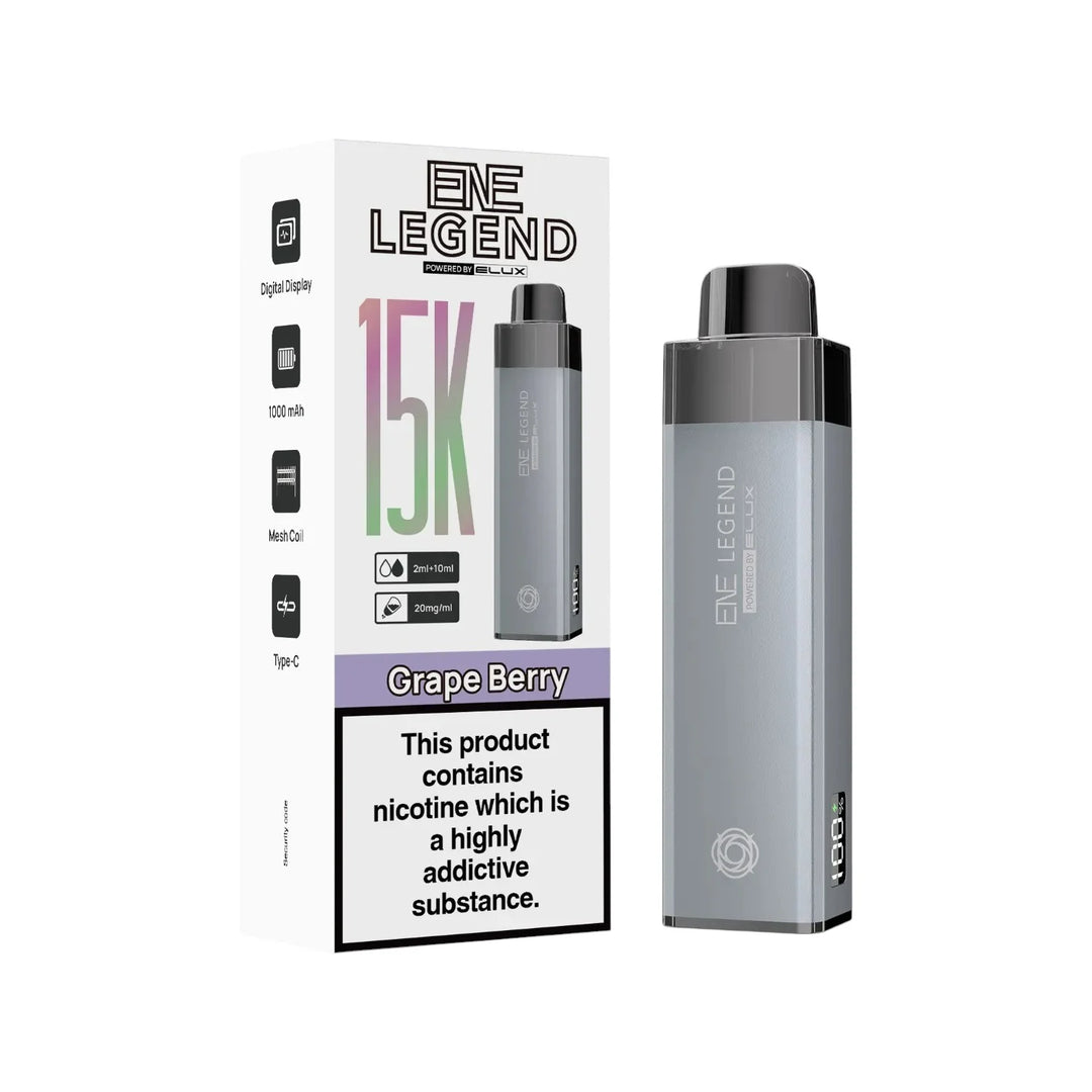 Elux ENE Legend 15K Prefilled Pod Kit in Grape Berry – rechargeable pod vape kit with 1000mAh built-in battery.