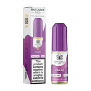 Packaging of Bar Juice 5000 Nic Salt E-Liquid with a purple color theme, featuring a bottle of grape flavored e-liquid and a box with various flavors listed.