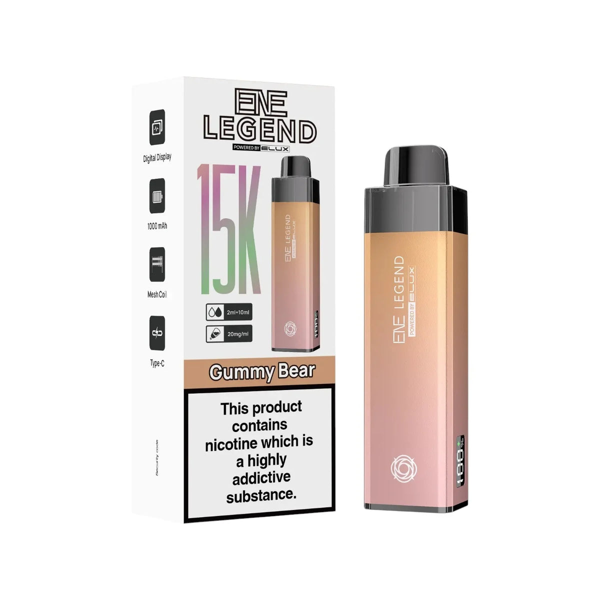 Elux ENE Legend 15K Prefilled Pod Kit in Gummy Bear – rechargeable pod vape kit with 1000mAh built-in battery.