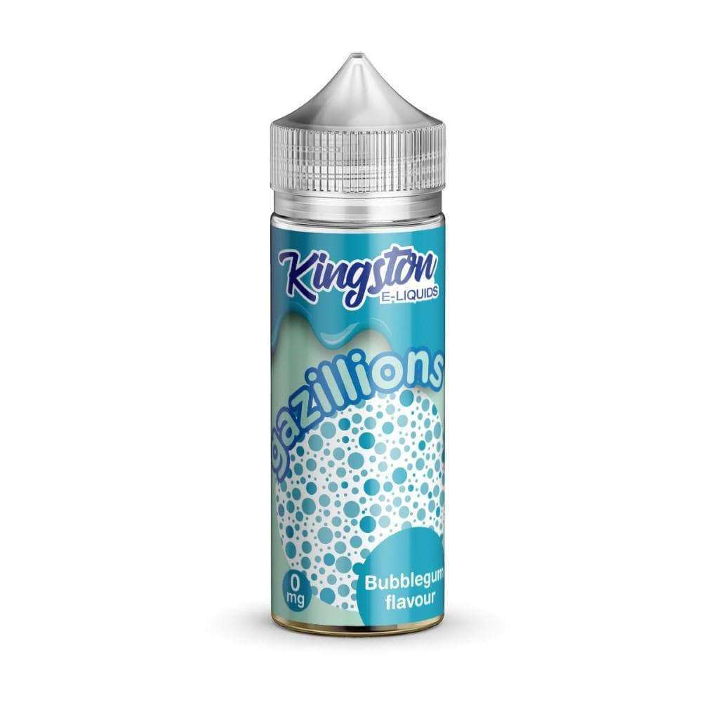 A 100ml bottle of Gazillions - Bubblegum Kingston Nicotine Free 0mg E Liquid VAPE Juice with a blue and white label.