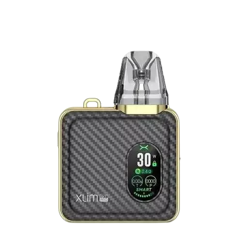 OXVA Xlim SQ Pro Pod Kit in Gold Carbon – compact and stylish pod vape with a smart display, adjustable power settings, and smooth draw activation.