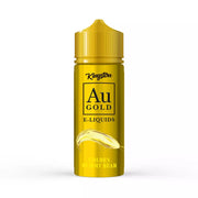 A 100ml bottle of Kingston AU Gold E-Liquids with a 'Golden Gummy Bear' flavor theme, featuring a gold color scheme and an image of a gummy bear.