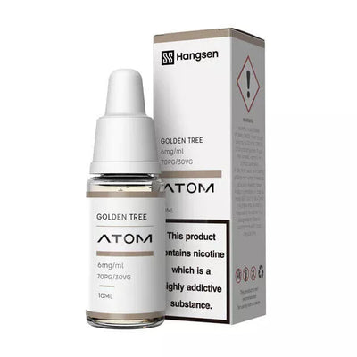 A bottle of Golden Tree Hangsen e-liquid next to its packaging box, which also serves as a warning about nicotine content.