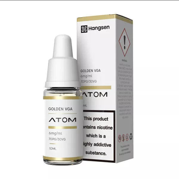 A bottle of Golden VGA Hangsen e-liquid next to its packaging box, which warns about the nicotine content.