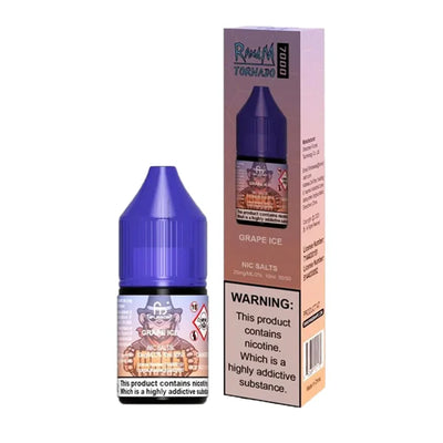 The image shows a product packaging for Grape Ice R&M Nic Salt E Liquid, including a 10ml bottle with a purple cap and a box with branding and flavor information.