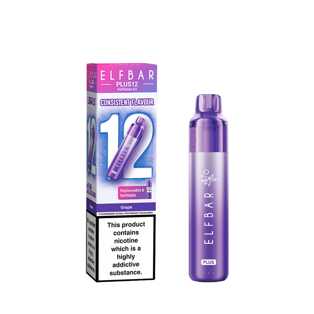 Elf Bar Plus 12 in Grape – long-lasting rechargeable vape with up to 12,000 puffs and smooth MTL performance.