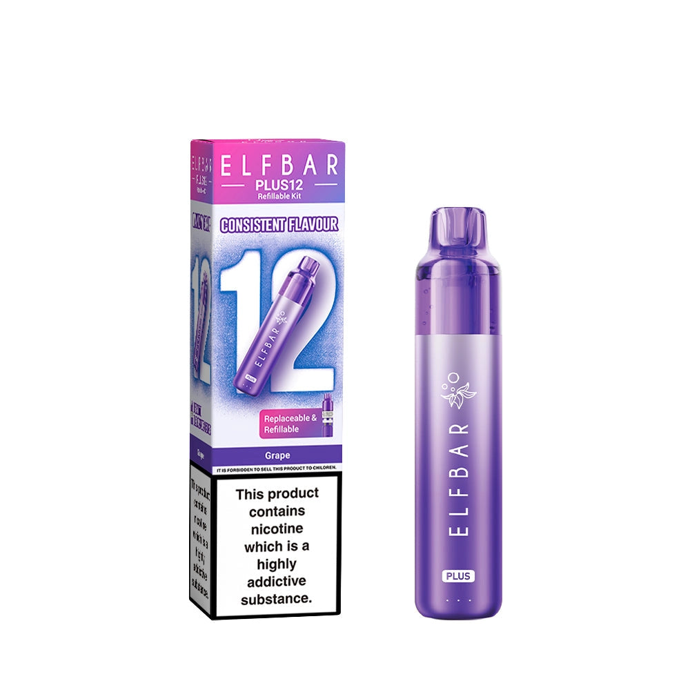 Elf Bar Plus 12 in Grape  – long-lasting rechargeable vape with up to 12,000 puffs and smooth MTL performance.