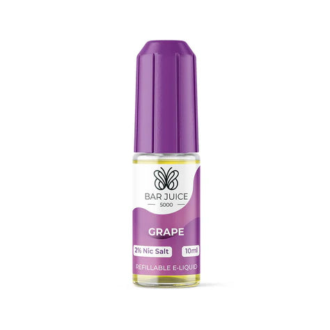 Packaging of Bar Juice 5000 Nic Salt E-Liquid with a purple color theme, featuring a bottle of grape flavored e-liquid and a box with various flavors listed.