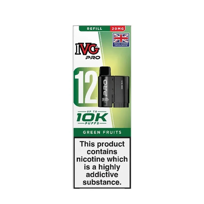 IVG Pro 12 prefilled vape pods in Green Fruits flavor, offering a refreshing mint taste with a convenient disposable design