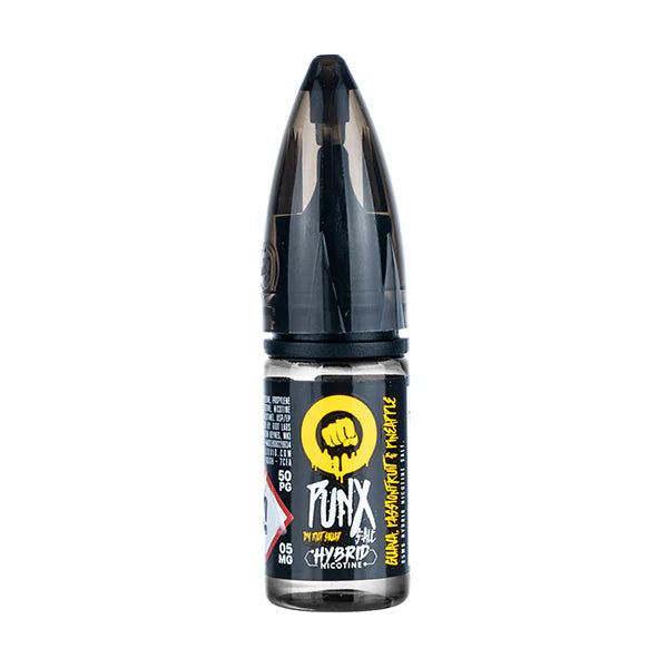 Bottle of Guava Passion Fruit & Pineapple Riot Squad Punx Nic Salts featuring vivid tropical-colored packaging in pink, purple, and yellow, showcasing bold illustrations of guava, passion fruit, and pineapple, with prominent ‘Punx’ branding, crafted for nicotine salt vape devices.