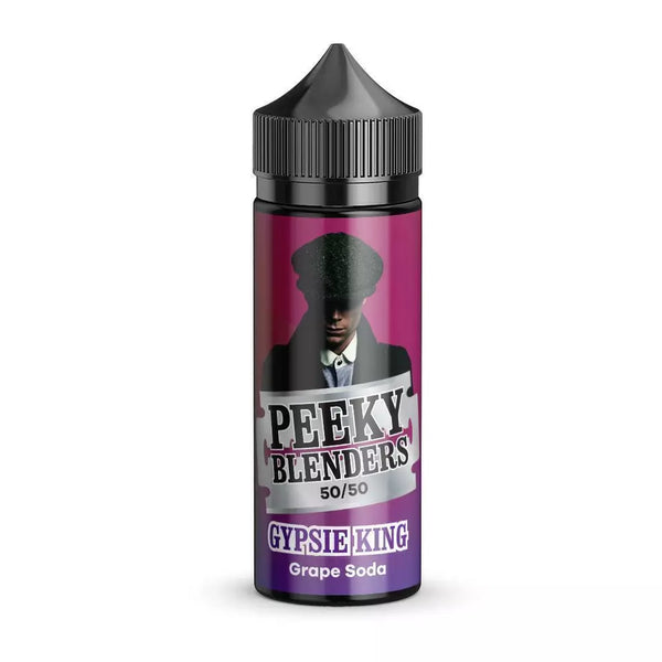 A 100ML bottle of Gypsie King Peeky Blenders Vape Juice with a purple label, featuring a vintage style text and an image of a man in a hat. The bottle cap is black, and it's set against a white background.