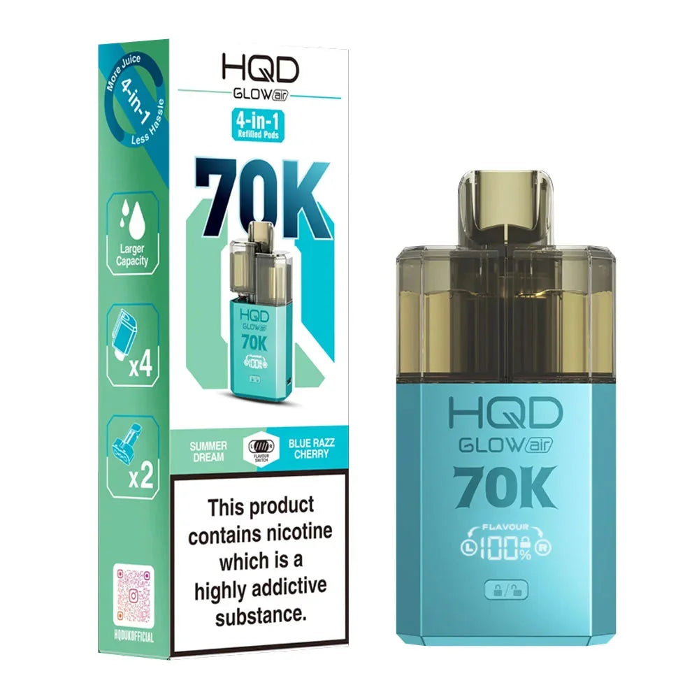 HQD Glow Air 70K 4-in-1 Rechargeable Prefilled Pod Kit in Summer Dream & Blue Razz Cherry – 20mg nicotine strength disposable-style vape with multiple flavors.