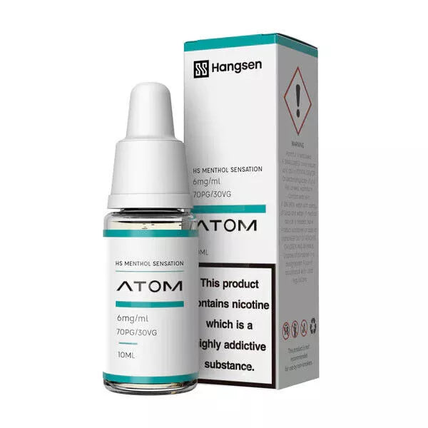A product image showing a Hangsen e-liquid bottle and packaging, with the label indicating 'HS Menthol Sensation'. The bottle is labeled with a nicotine warning and the VG/PG ratio of 70/30.